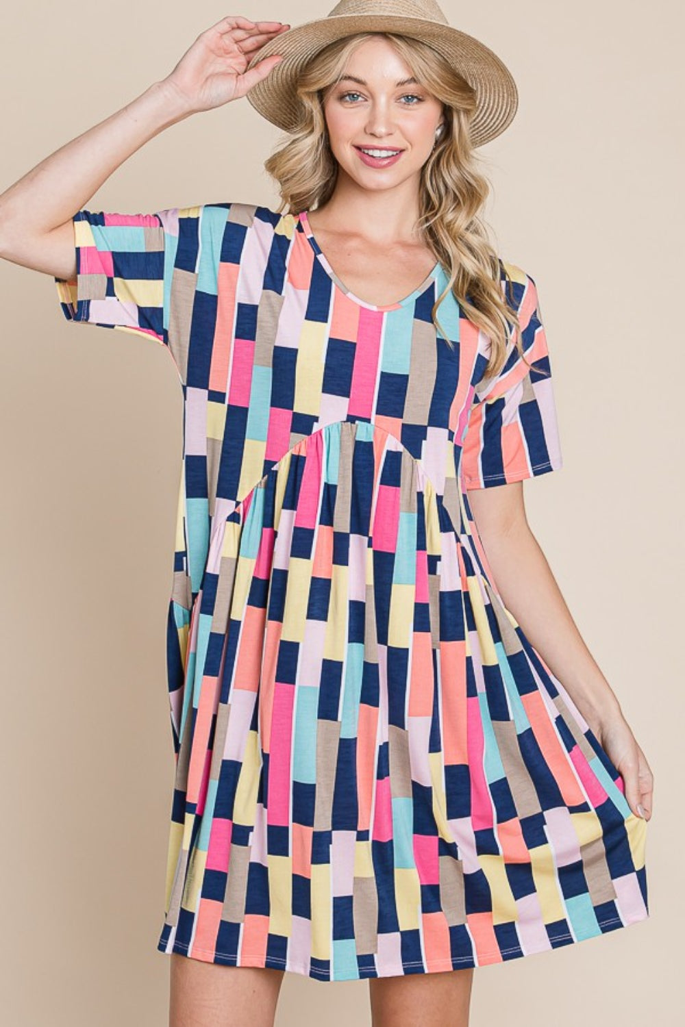 BOMBOM Ruched Color Block Short Sleeve Mini Dress  | KIKI COUTURE