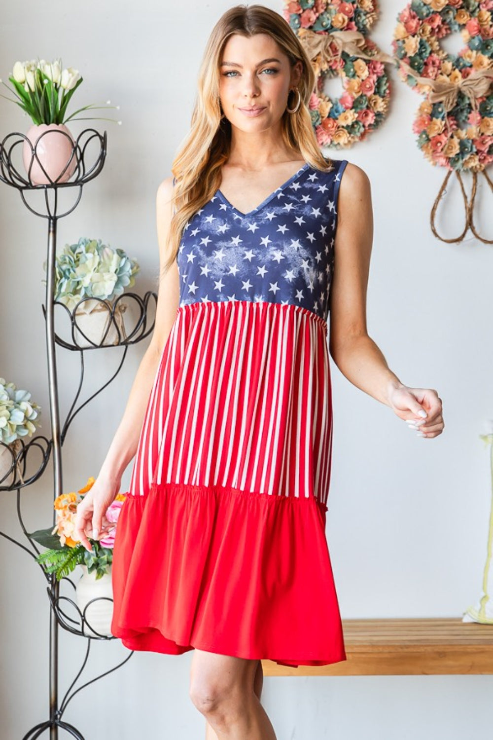 Heimish Full Size US Flag Theme Contrast Tank Dress  | KIKI COUTURE