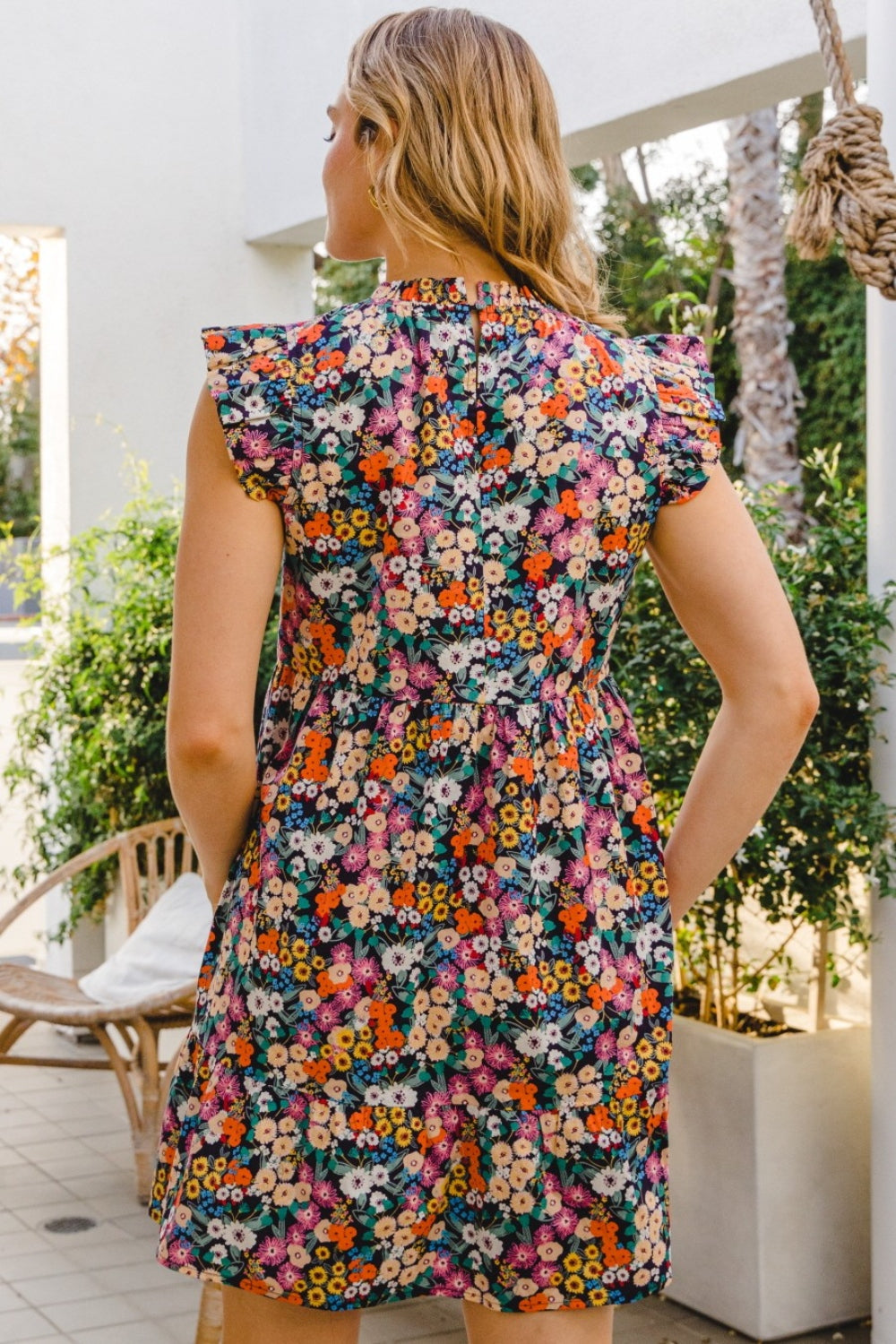 ODDI Full Size Floral Ruffled Cap Sleeve Mini Dress  | KIKI COUTURE