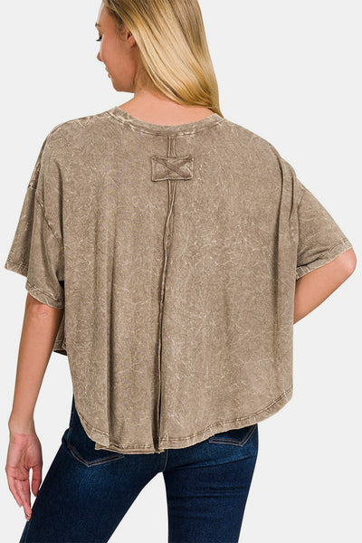 Zenana Washed Round Neck Drop Shoulder Cropped T-Shirt  | KIKI COUTURE