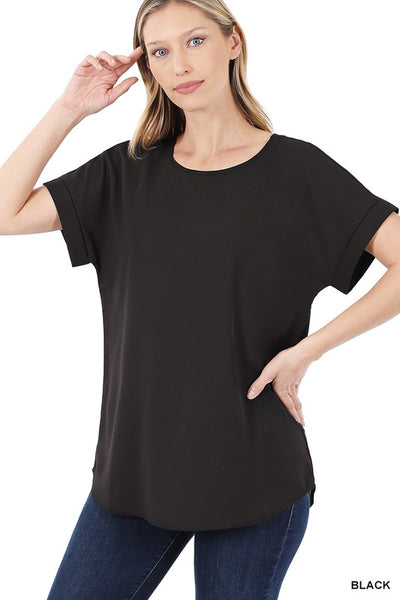 Woven Heavy Dobby Rolled Sleeve Boat Neck Top  | KIKI COUTURE