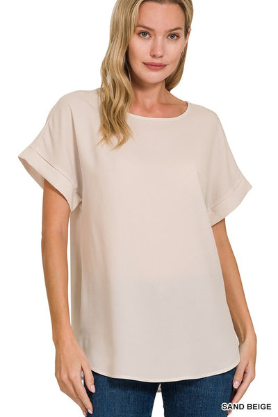 Woven Heavy Dobby Rolled Sleeve Boat Neck Top  | KIKI COUTURE