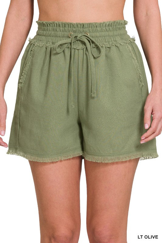 Linen Frayed Hem Drawstring Shorts with Pockets  | KIKI COUTURE