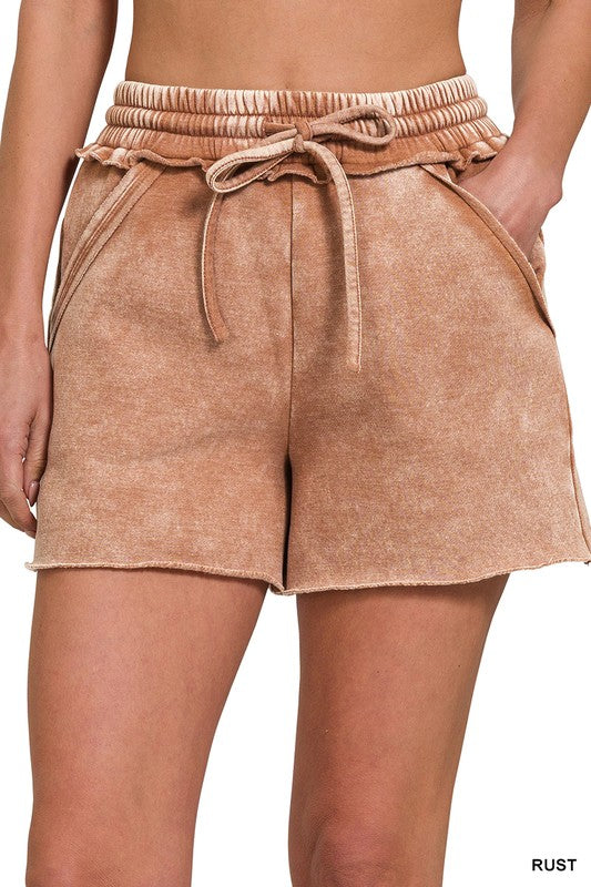 Acid Wash Fleece Drawstring Shorts with Pockets  | KIKI COUTURE