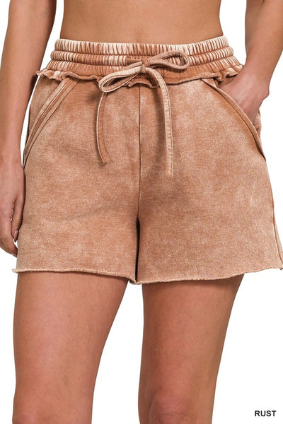 Acid Wash Fleece Drawstring Shorts with Pockets  | KIKI COUTURE