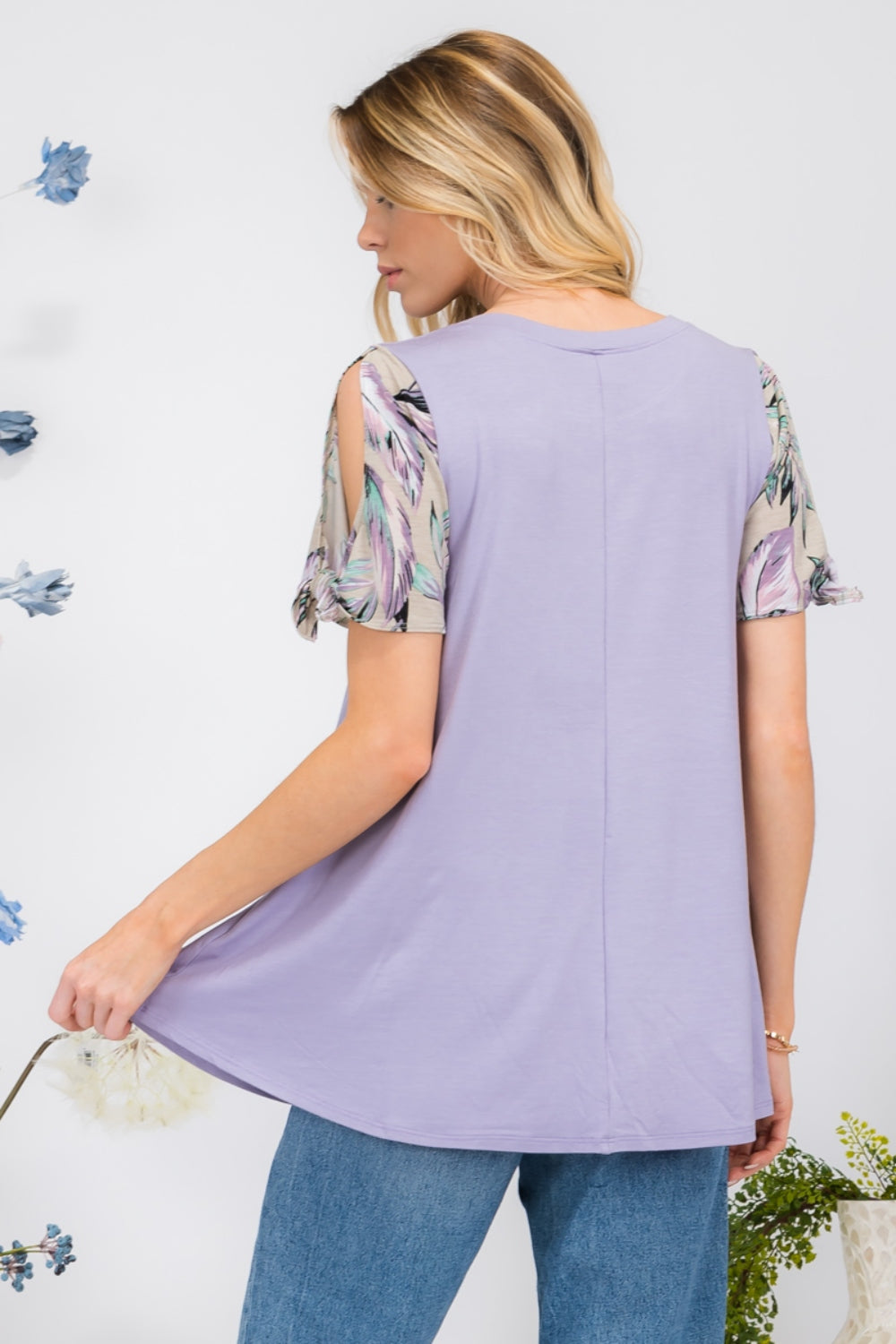 Celeste Full Size Open Tie Sleeve Round Neck Blouse  | KIKI COUTURE
