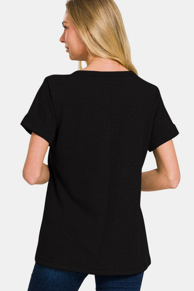 Zenana Notched Short Sleeve Waffle T-Shirt  | KIKI COUTURE