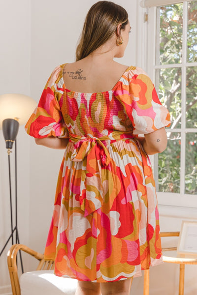 ODDI Full Size Printed Tied Back Short Sleeve Mini Dress  | KIKI COUTURE