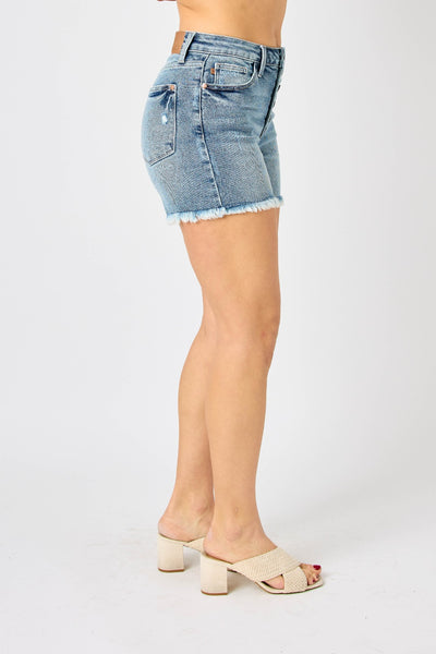 Judy Blue Full Size Button Fly Raw Hem Denim Shorts  | KIKI COUTURE