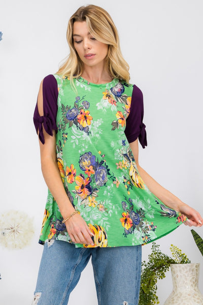 Celeste Full Size Open Tie Sleeve Round Neck Floral Blouse  | KIKI COUTURE