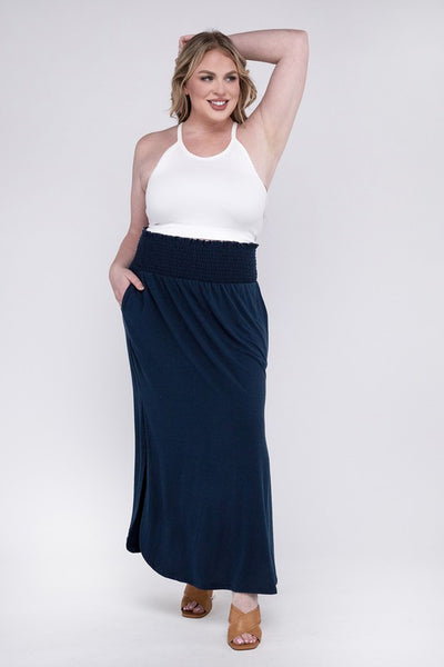 Plus Smocked Waist Side Slit Maxi Skirt w/ Pockets  | KIKI COUTURE