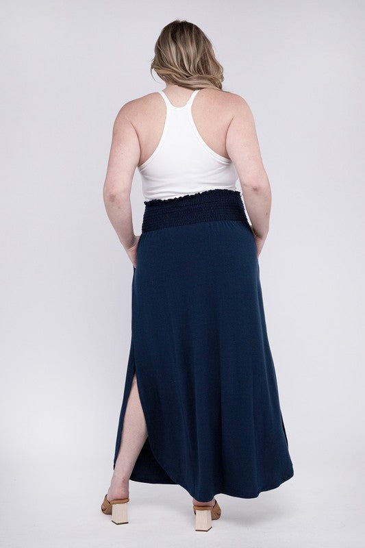 Plus Smocked Waist Side Slit Maxi Skirt w/ Pockets  | KIKI COUTURE