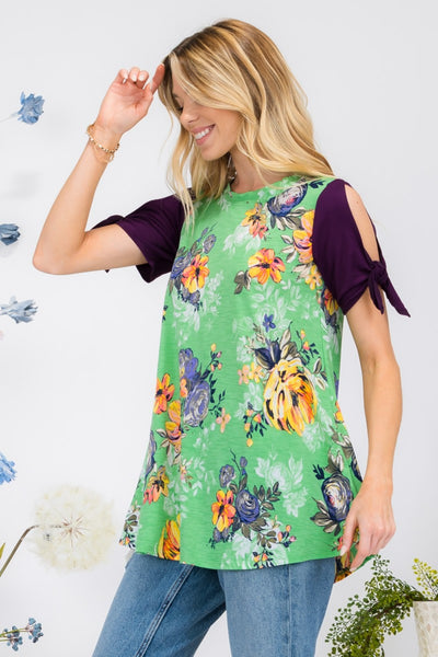 Celeste Full Size Open Tie Sleeve Round Neck Floral Blouse  | KIKI COUTURE