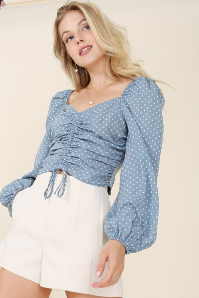Ruched polka dot crop top with puff sleeves  | KIKI COUTURE