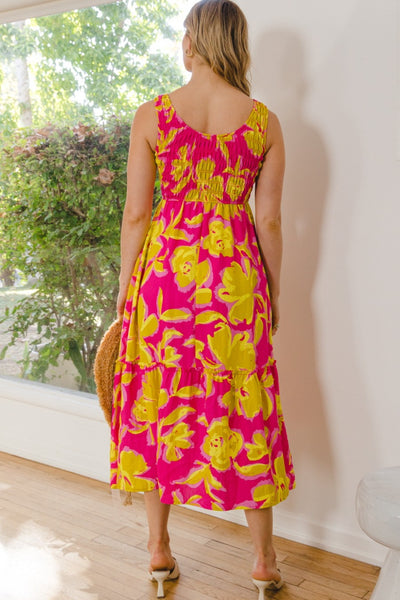 ODDI Full Size Floral Smocked Ruffled Midi Dress  | KIKI COUTURE