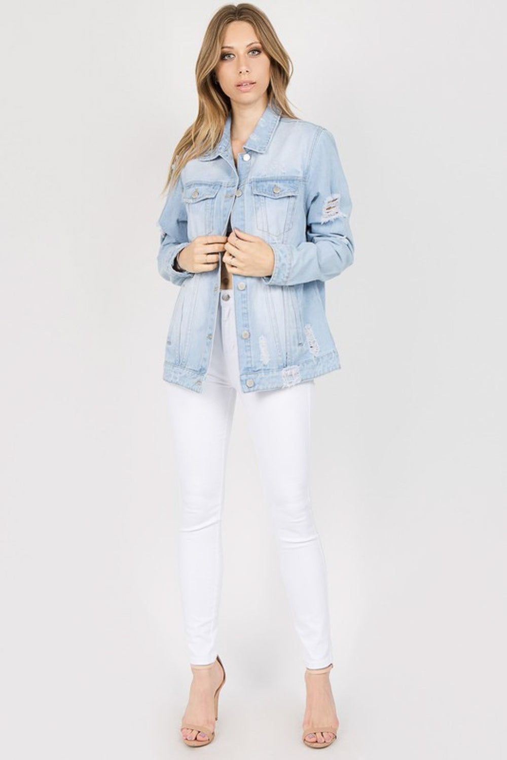 American Bazi Letter Patched Distressed Denim Jacket  | KIKI COUTURE