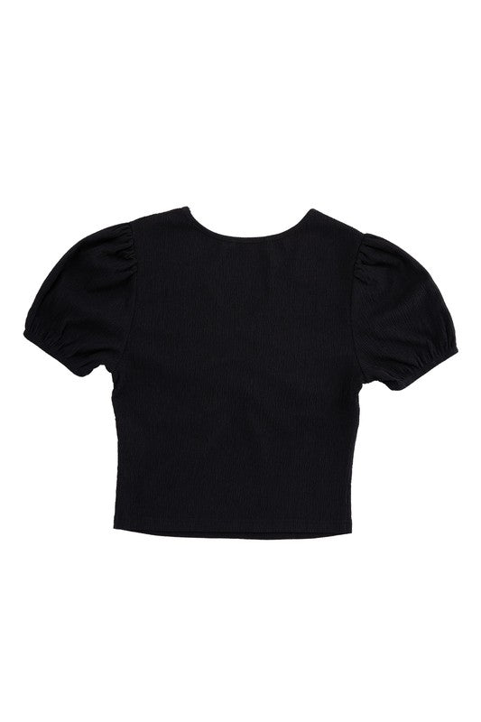 Shirred V neck top with puff sleeves  | KIKI COUTURE