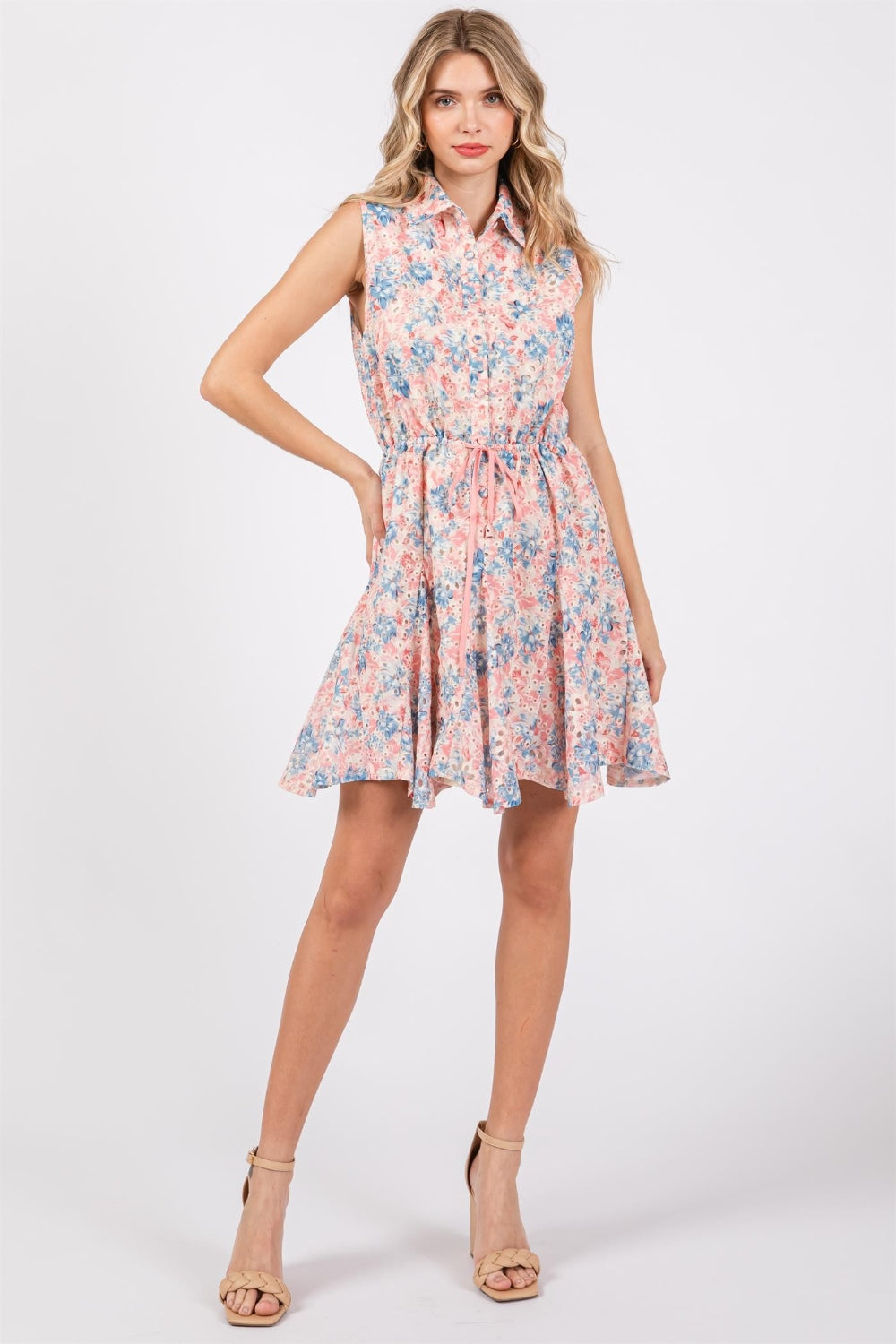 GeeGee Full Size Floral Eyelet Sleeveless Mini Dress  | KIKI COUTURE