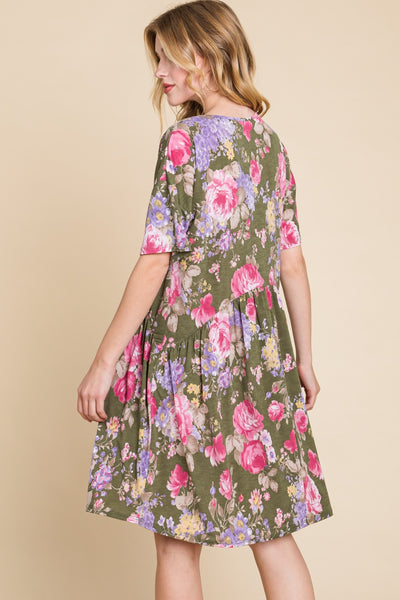 BOMBOM Flower Print V-Neck Ruched Dress  | KIKI COUTURE