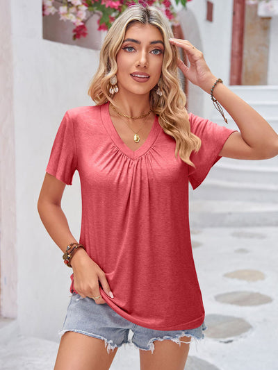 Double Take Ruched V-Neck Short Sleeve T-Shirt  | KIKI COUTURE