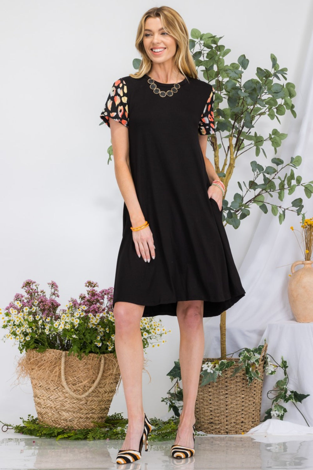 Celeste Full Size Leopard Short Sleeve Dress with Pockets  | KIKI COUTURE