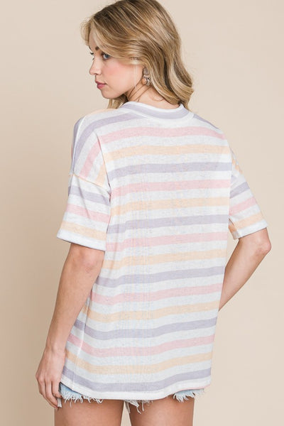 BOMBOM Striped V-Neck Short Sleeve T-Shirt  | KIKI COUTURE