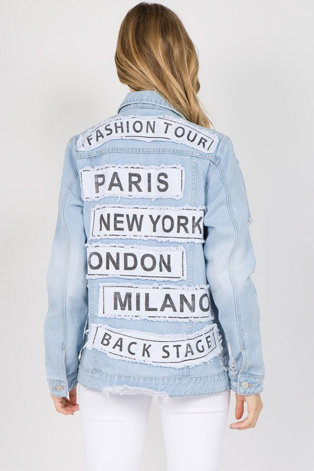 American Bazi Letter Patched Distressed Denim Jacket  | KIKI COUTURE