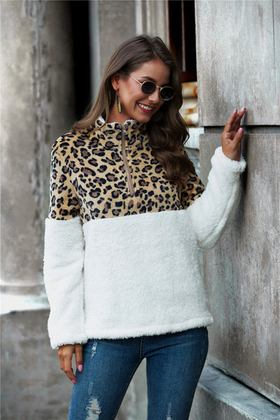 Leopard Color Block Half-Zip Collar Teddy Sweatshirt  | KIKI COUTURE-Women's Clothing, Designer Fashions, Shoes, Bags