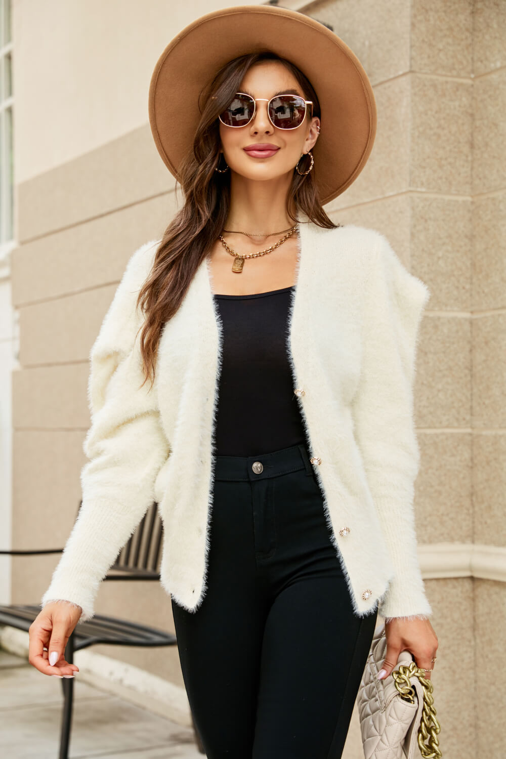 Puff Sleeve V-Neck Fuzzy Cardigan  | KIKI COUTURE-Women's Clothing, Designer Fashions, Shoes, Bags