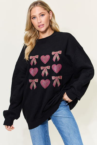 Simply Love Full Size Bow & Heart Graphic Long Sleeve Sweatshirt  | KIKI COUTURE