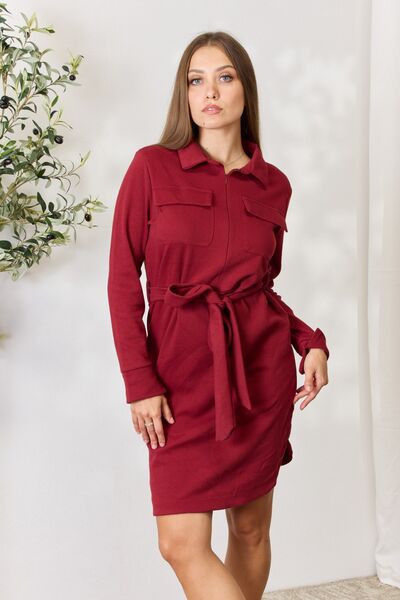 Culture Code Full Size Tie Front Half Zip Long Sleeve Shirt Dress  | KIKI COUTURE