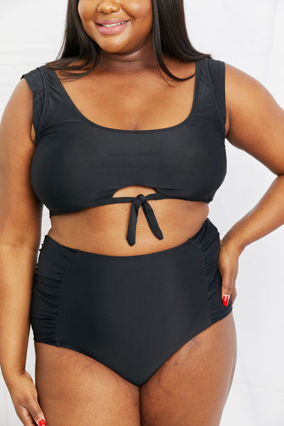 Marina West Swim Sanibel Crop Swim Top and Ruched Bottoms Set in Black  | KIKI COUTURE