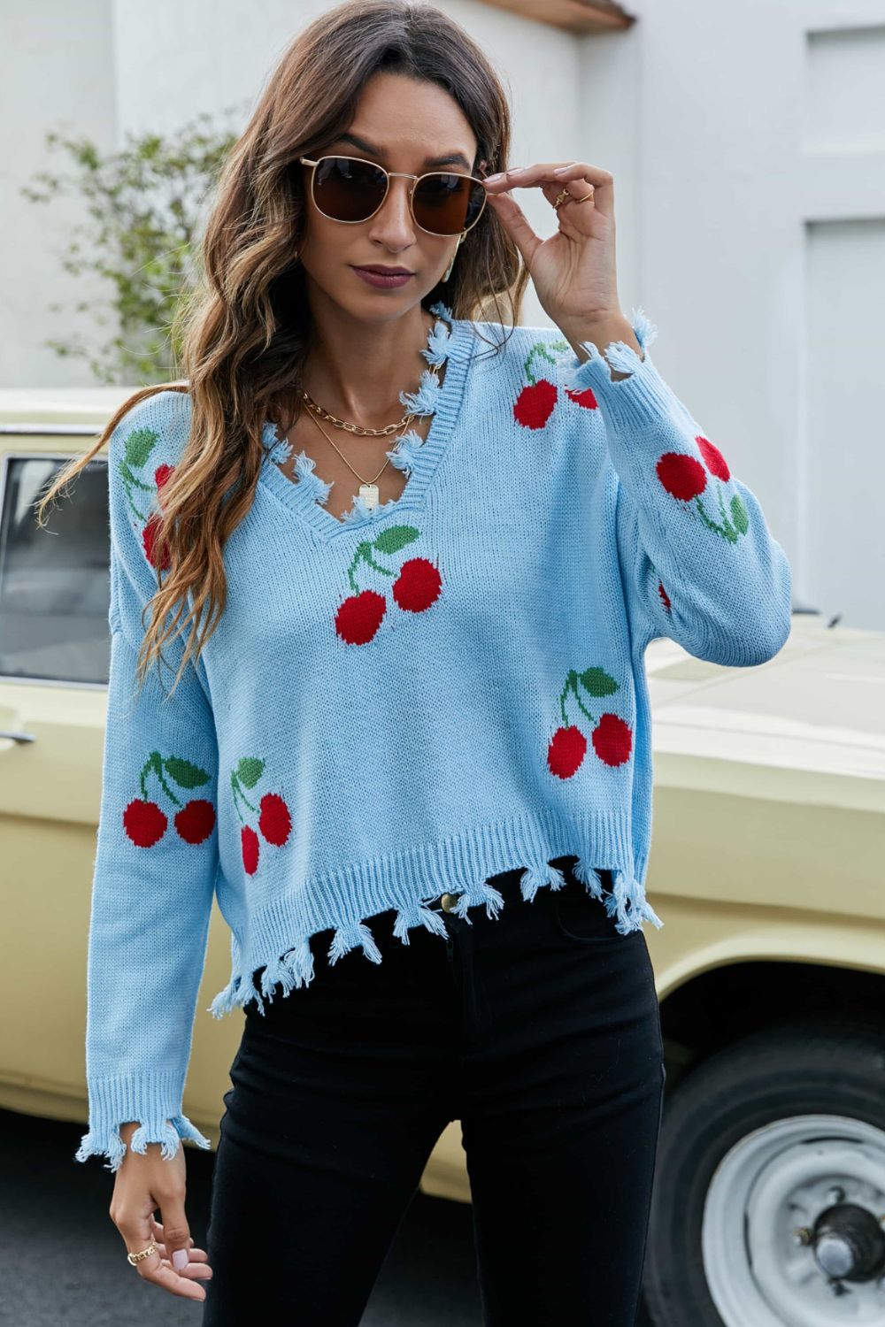 Cherry Pattern Frayed Trim V-Neck Sweater  | KIKI COUTURE-Women's Clothing, Designer Fashions, Shoes, Bags