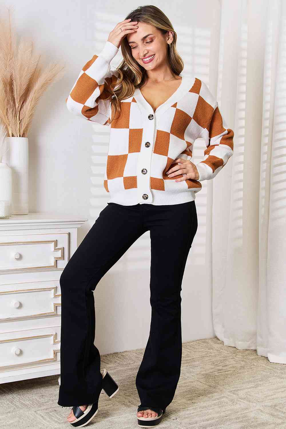 Double Take Button-Up V-Neck Dropped Shoulder Cardigan  | KIKI COUTURE