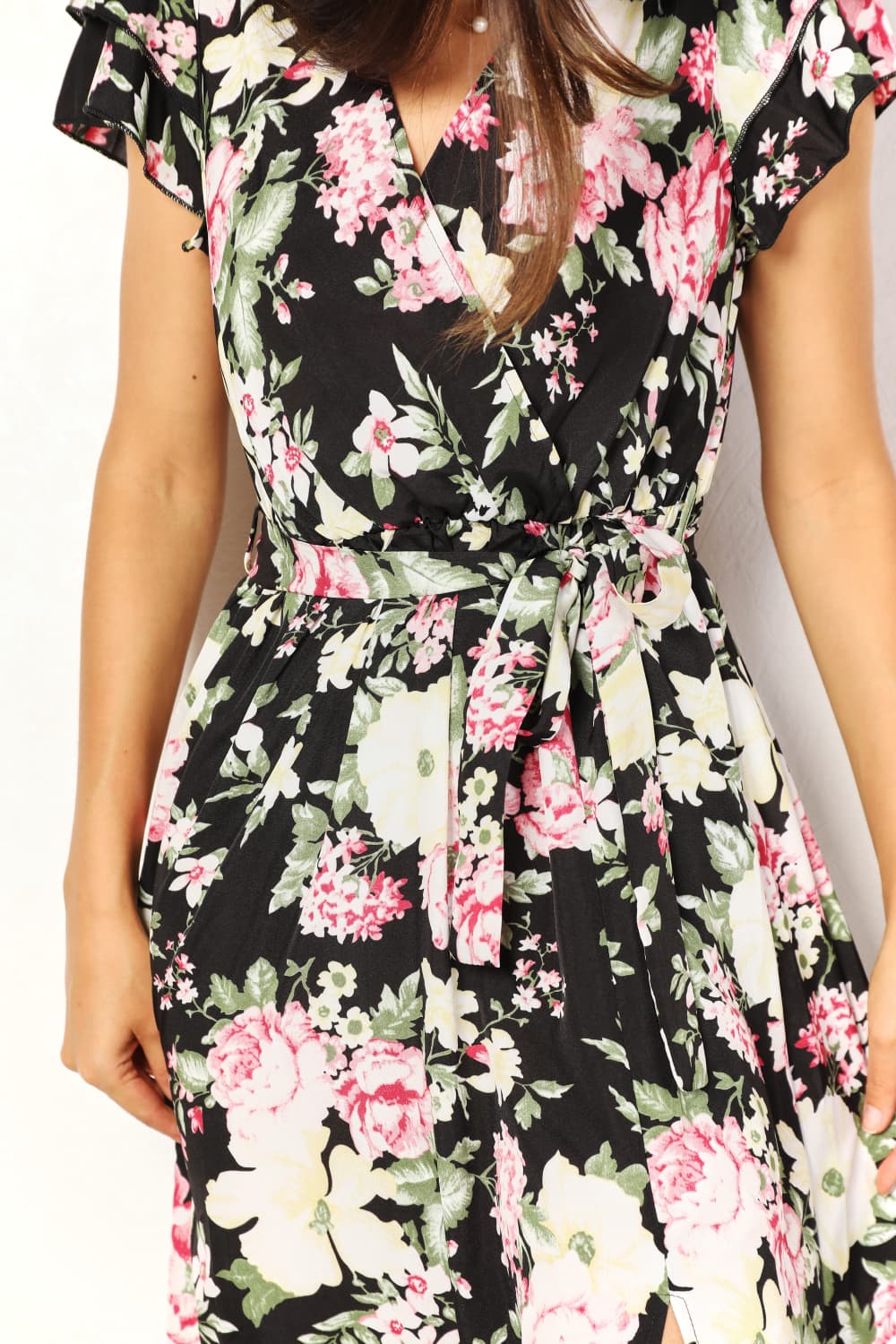 Double Take Floral Flutter Sleeve Tie-Waist Split Dress  | KIKI COUTURE