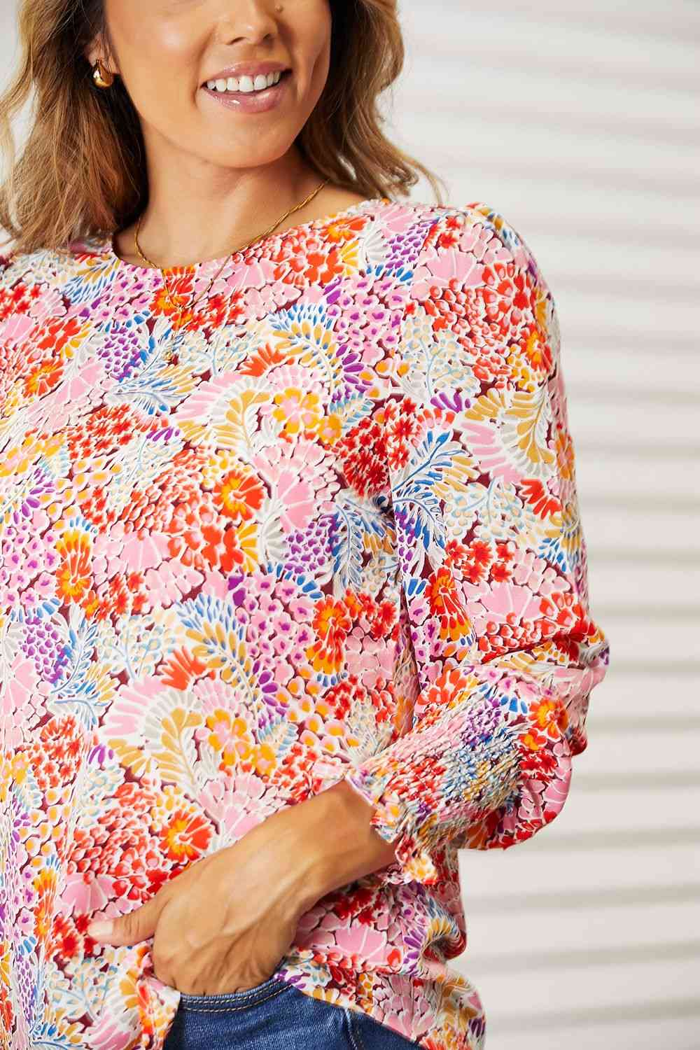 Double Take Floral Print Long Puff Sleeve Blouse  | KIKI COUTURE