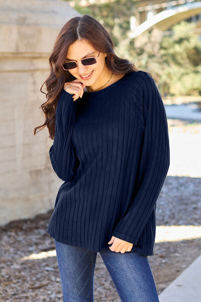 Basic Bae Full Size Ribbed Round Neck Long Sleeve Knit Top  | KIKI COUTURE