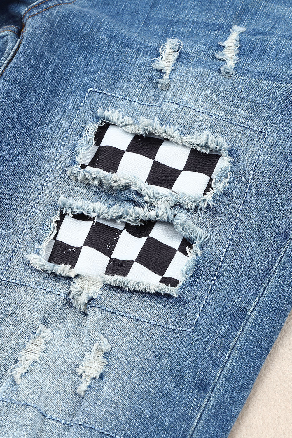 Checkered Patchwork Mid Waist Distressed Jeans  | KIKI COUTURE-Women's Clothing, Designer Fashions, Shoes, Bags