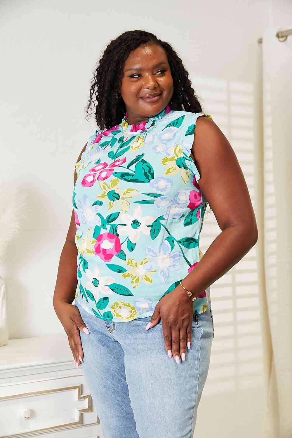 Double Take Floral Print Ruffle Shoulder Blouse  | KIKI COUTURE