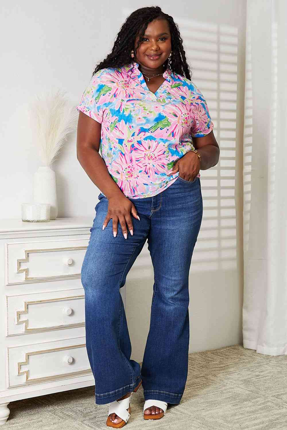 Double Take Floral Notched Neck Short Sleeve Top  | KIKI COUTURE