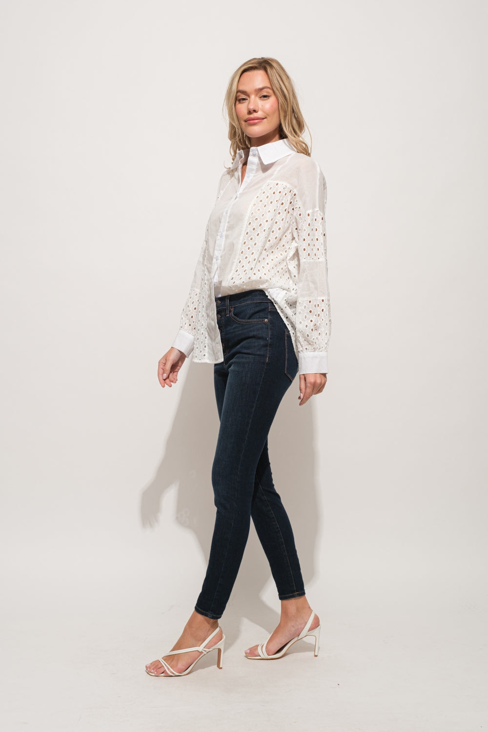 And The Why Eyelet Long Sleeve Button Down Shirt  | KIKI COUTURE