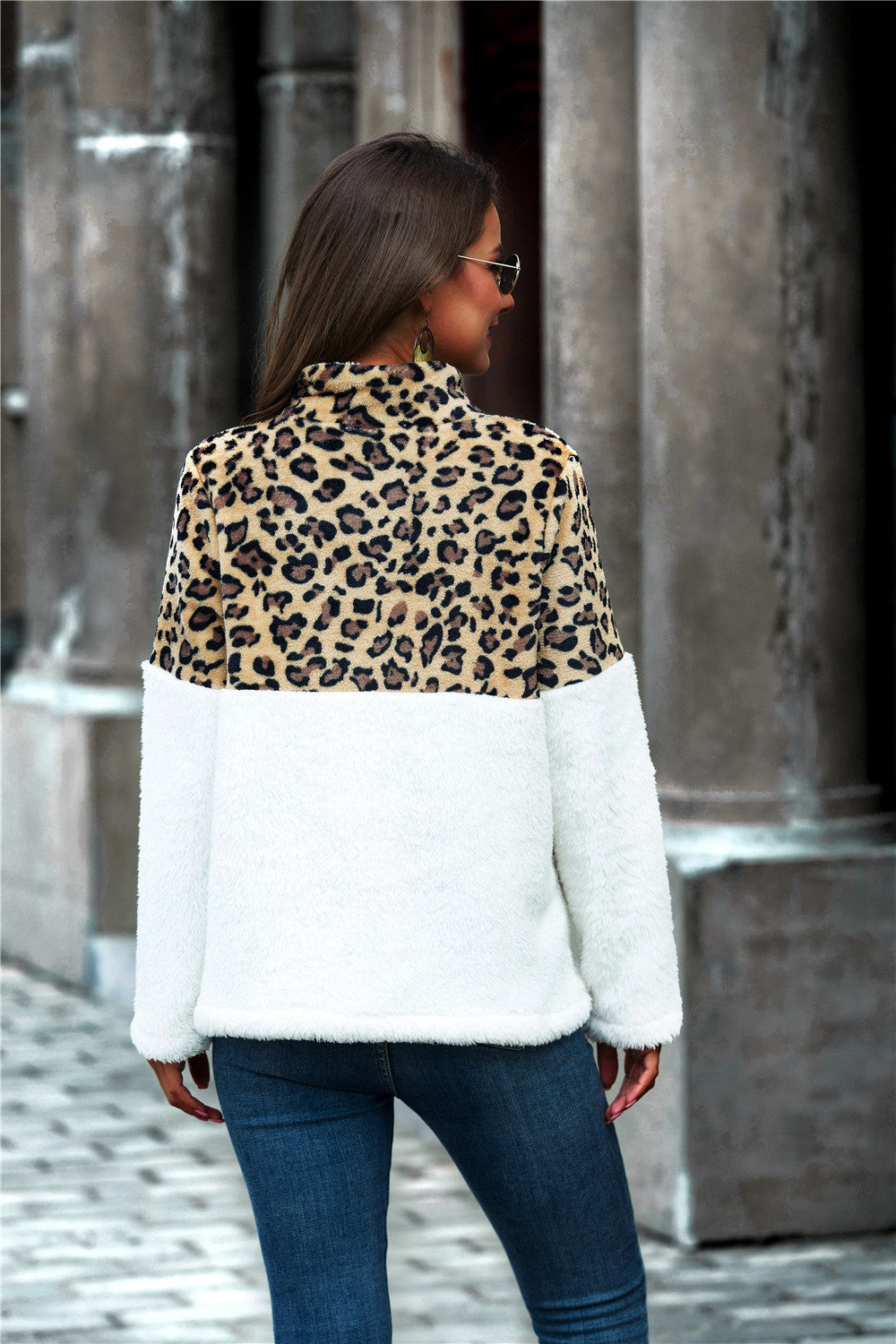 Leopard Color Block Half-Zip Collar Teddy Sweatshirt  | KIKI COUTURE-Women's Clothing, Designer Fashions, Shoes, Bags
