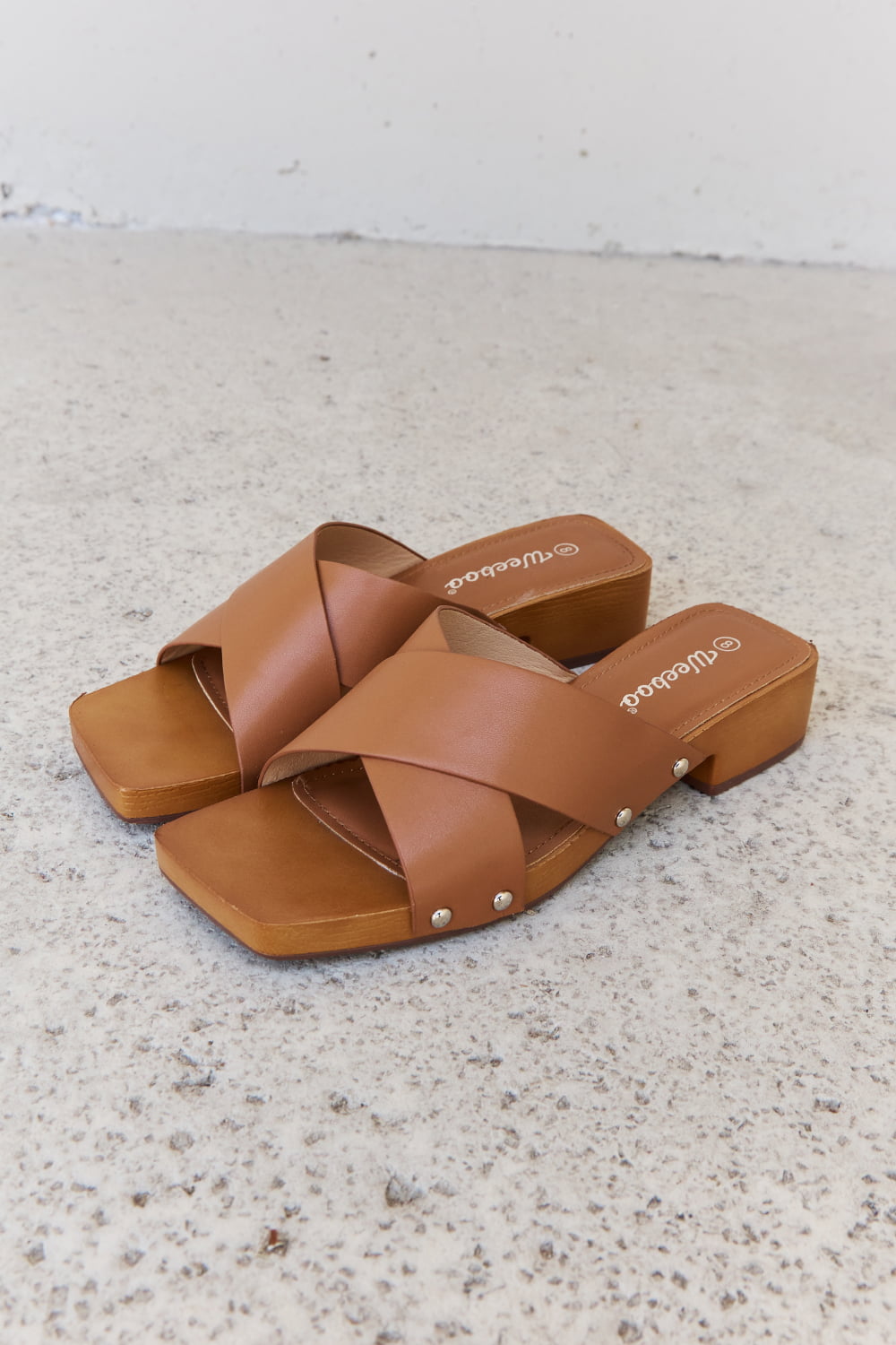 Weeboo Step Into Summer Criss Cross Wooden Clog Mule in Brown  | KIKI COUTURE