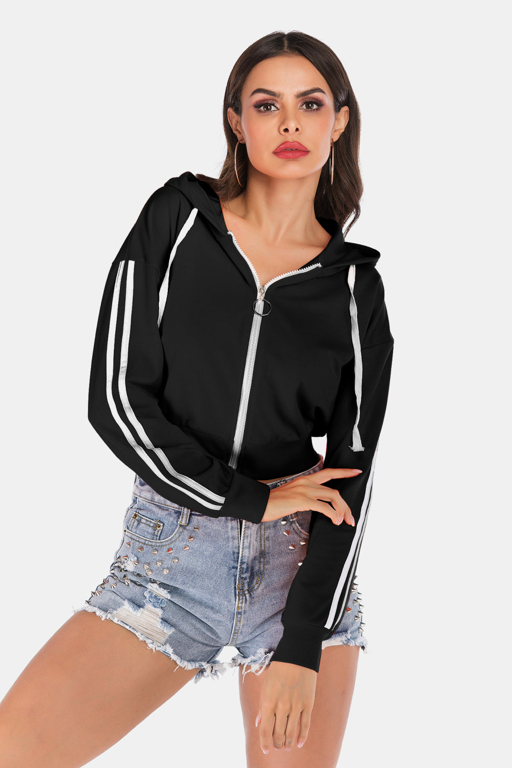 Side Stripe Drawstring Cropped Hooded Jacket  | KIKI COUTURE-Women's Clothing, Designer Fashions, Shoes, Bags
