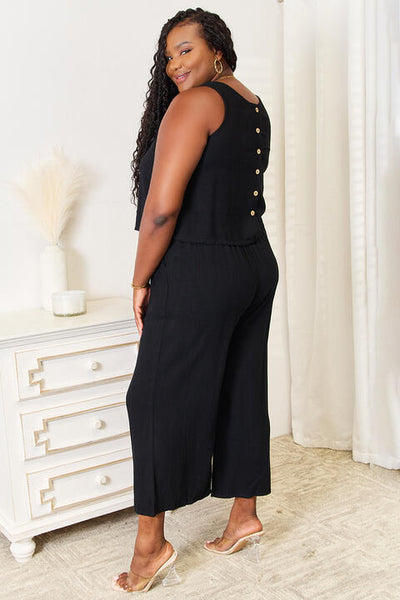 Double Take Buttoned Round Neck Tank and Wide Leg Pants Set  | KIKI COUTURE