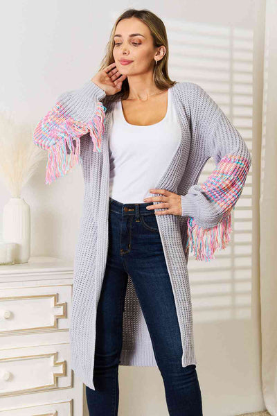 Woven Right Fringe Sleeve Dropped Shoulder Cardigan  | KIKI COUTURE