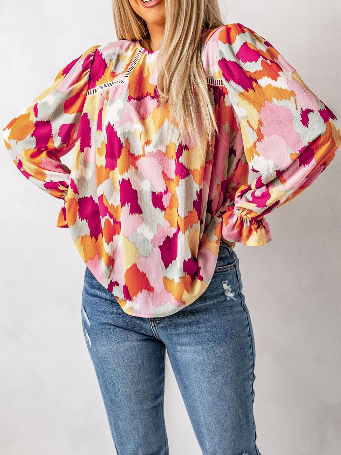Printed Flounce Sleeve Buttoned Blouse  | KIKI COUTURE-Women's Clothing, Designer Fashions, Shoes, Bags