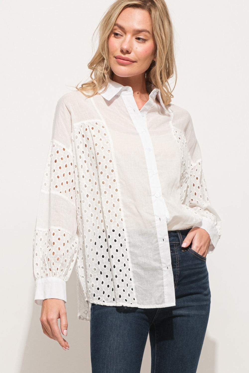 And The Why Eyelet Long Sleeve Button Down Shirt  | KIKI COUTURE