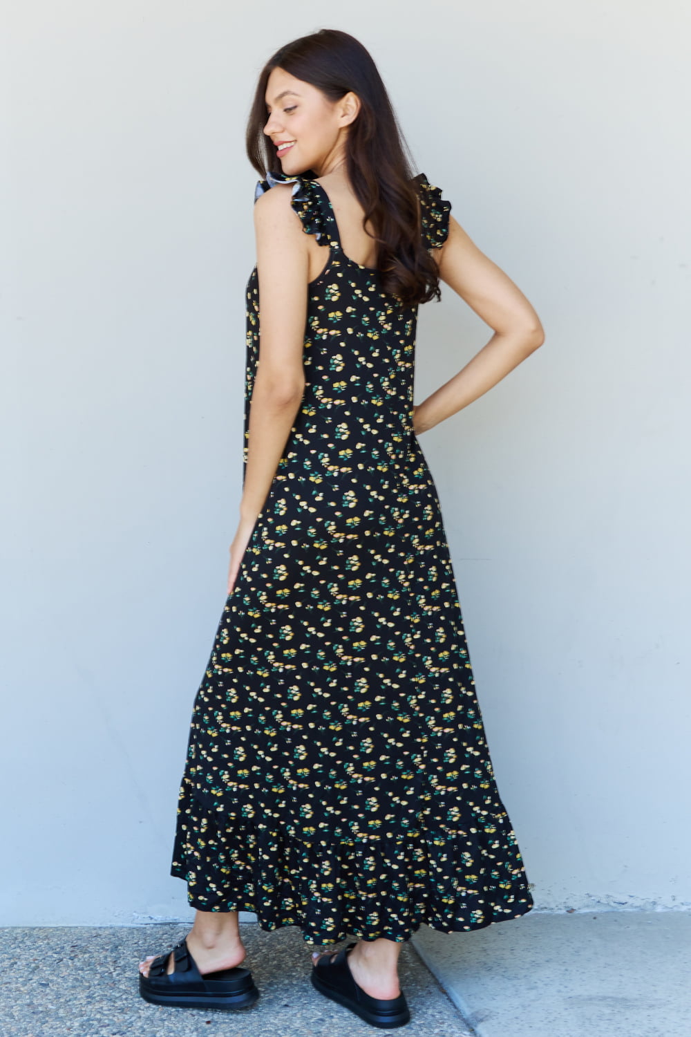Doublju In The Garden Ruffle Floral Maxi Dress in  Black Yellow Floral  | KIKI COUTURE