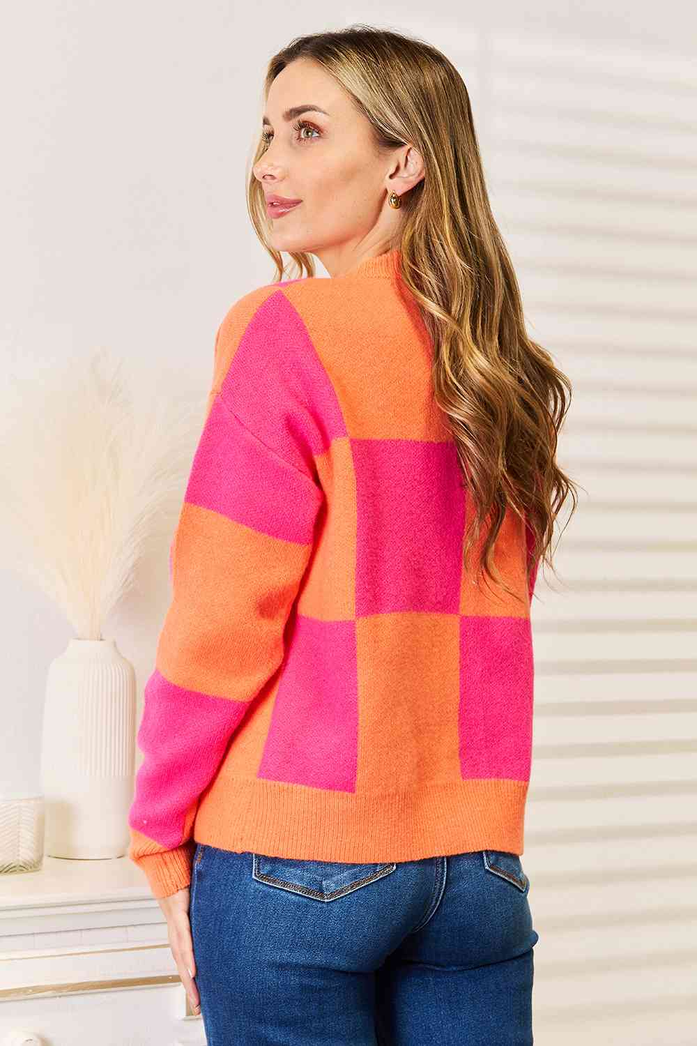 Woven Right Checkered V-Neck Dropped Shoulder Cardigan  | KIKI COUTURE